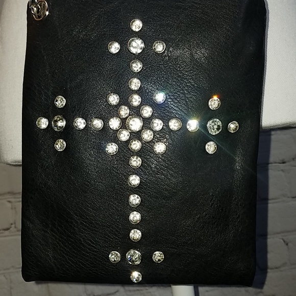 Black Bling Rhinestone Cross Crossbody Bag Purse - Picture 3 of 3